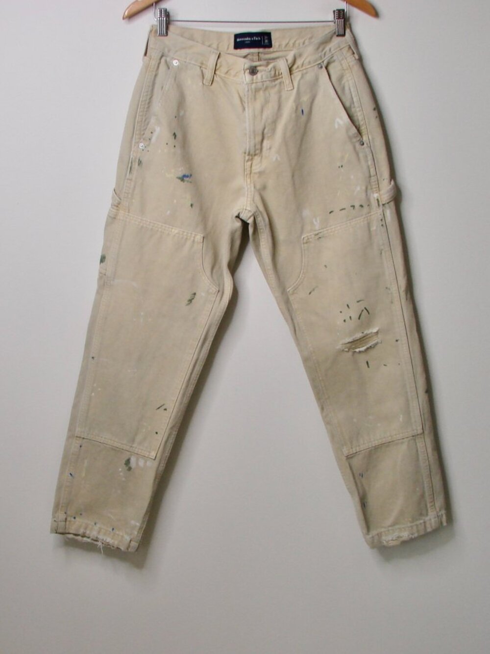 Abercrombie & Fitch Loose Carpenter Jeans Beige Paint Splatter Distressed 28